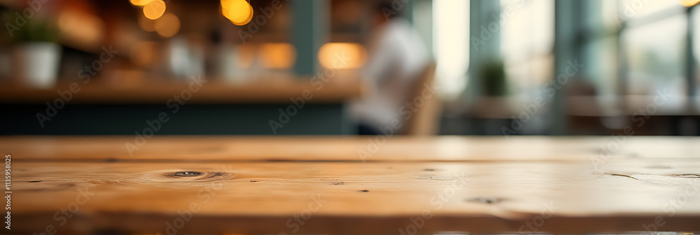 Poster a wooden table top in a cafe blends into a blurred background with subtle light gold accents and bok