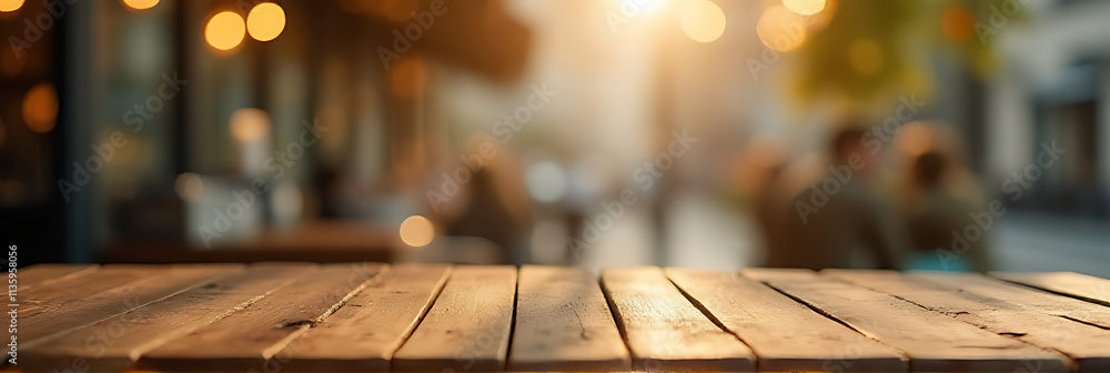 Poster a wooden table top in a cafe blends into a blurred background with subtle light gold accents and bok