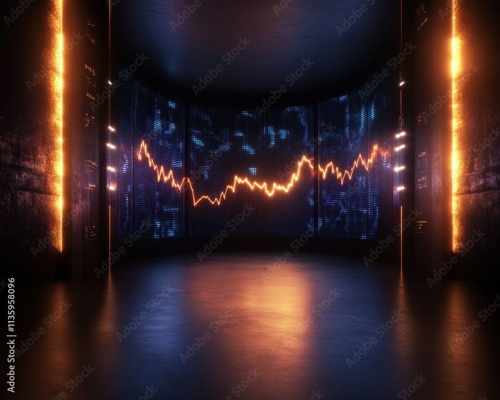 Poster a futuristic room with glowing orange lights and a digital graph displaying fluctuating data on a da