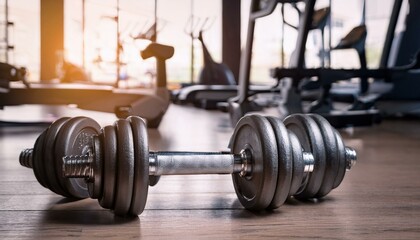 Fototapeta premium Dumbbells on the Floor in a Stylish 3D Rendered Fitness Space