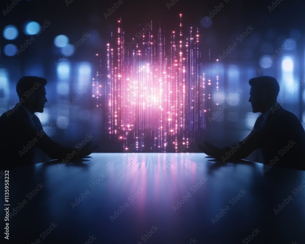 Aufkleber two silhouettes of people engage in a discussion, illuminated by a vibrant digital display of lights