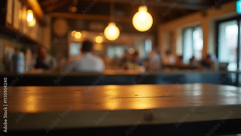 Poster A wooden table sits atop a blurred counter in a busy cafe, with a lone light bulb shining brightly behind it._00002_