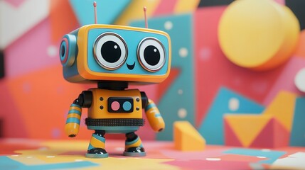 A charming 3D rendered image showcasing a friendly robot in a vibrant, geometric setting. The robot's cheerful design evokes joy and playfulness.