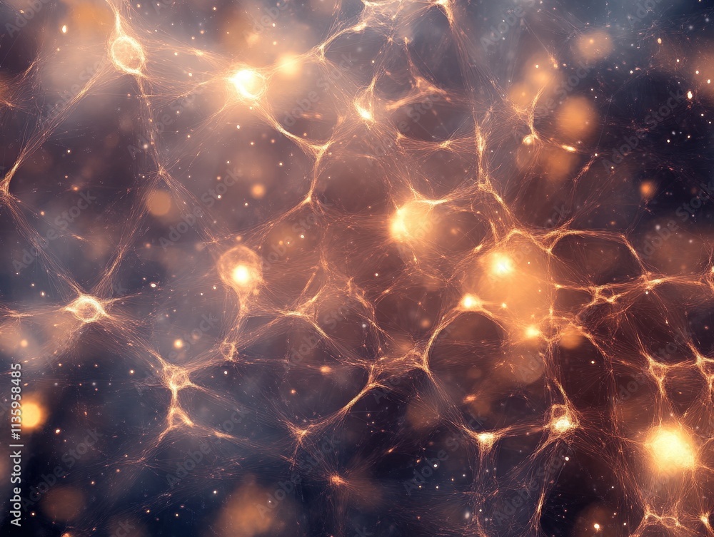 Poster a mesmerizing abstract image depicting glowing nodes interconnected by luminous strands, evoking a s