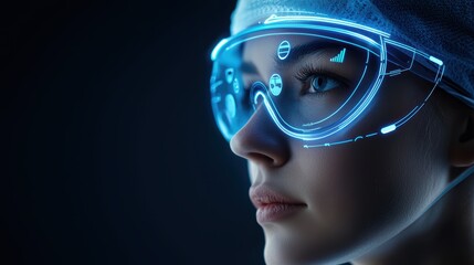 A close-up of a person wearing futuristic, illuminated glasses, highlighting technology and innovation in a dark backdrop.