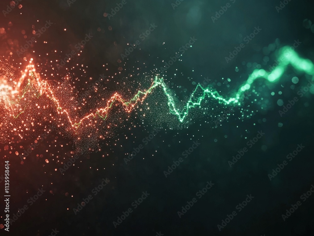 Poster a vibrant, abstract visualization featuring a zigzagging line of green and red particles, suggesting