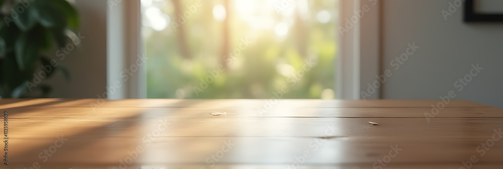 Poster A wood table top reflects a blurry window view with a subtle wall background in soft focus._00002_