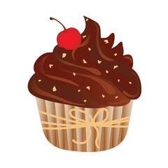 Delicious chocolate cupcake with whipped cream and cherry. Vector cartoon illustration of sweet food.
