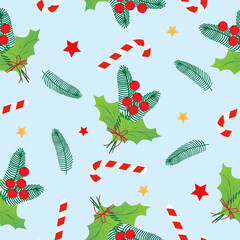 Seamless pattern with red christmas stars, caramel cane, Christmas star, holly on blue background. Design for fashion, fabric, textile, packaging paper.