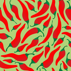 Seamless pattern with hand drawn red chili pepper on green background. Design for fabric, kitchen decor, wallpaper packaging paper.