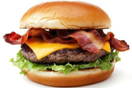 Bacon Cheeseburger Cravings: A mouthwatering close-up of a juicy cheeseburger piled high with crispy bacon, ready to satisfy any hunger pangs.  