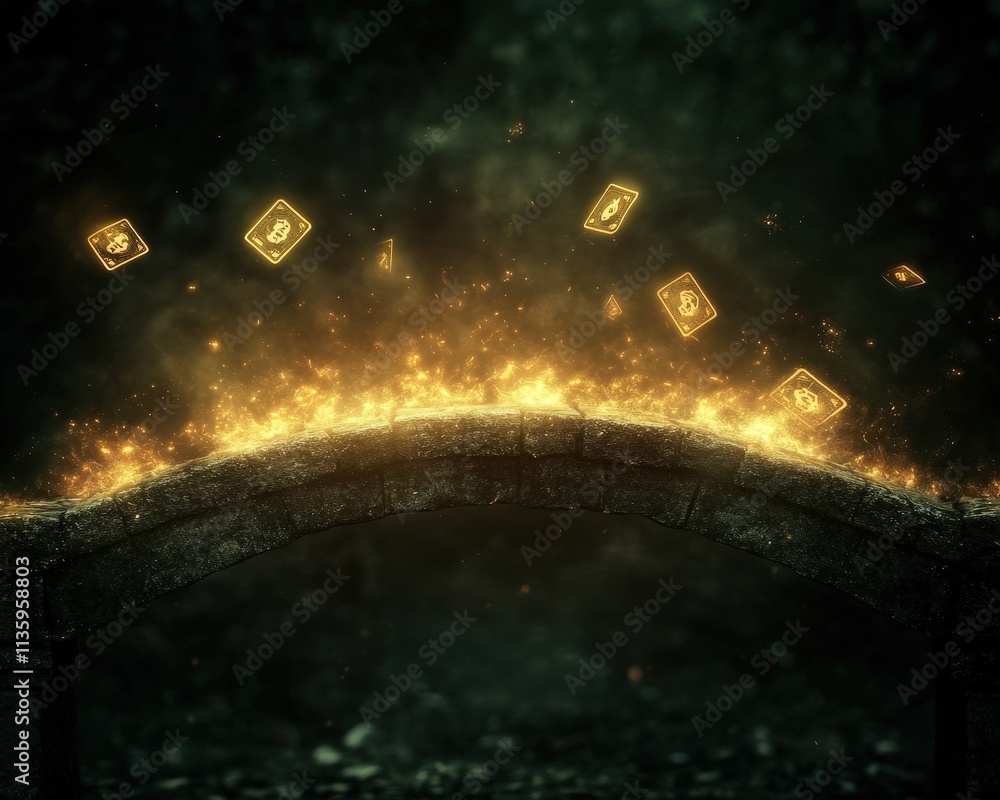 Poster a glowing arch of flames with golden symbols floating above it, creating a mystical and enchanting a