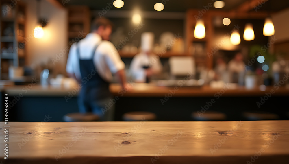 Poster a wood table top features a blurred image of a chef cooking amidst the busy atmosphere of a bar rest