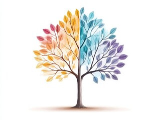 Obraz premium A vibrant, artistic tree illustration featuring colorful leaves transitioning from warm tones to cool hues, symbolizing change and nature.