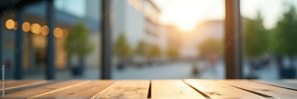 Poster A wood table has a blurred glass window of a building as its background in a clear shot outside._00001_