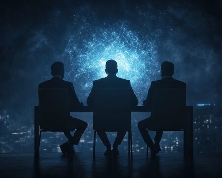 Three silhouettes seated at a table, facing a dynamic cosmic scene, suggesting a moment of contemplation or decision-making.