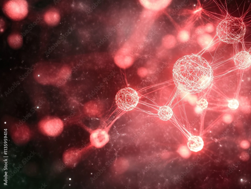 Poster a vibrant, abstract view of interconnected particles glowing in red hues, symbolizing molecular stru