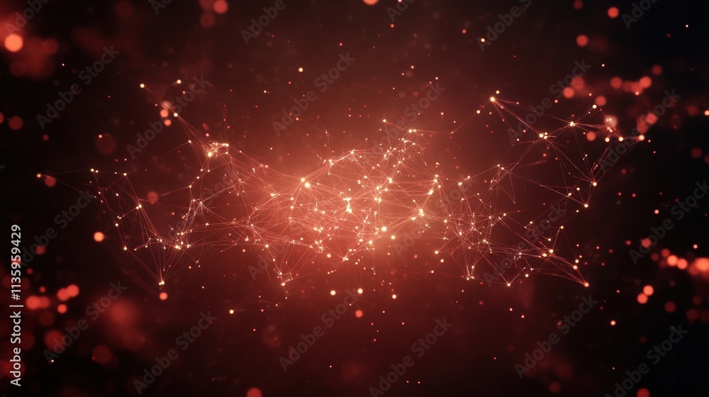 Poster a dynamic abstract background featuring glowing red particles and interconnected lines, evoking a se