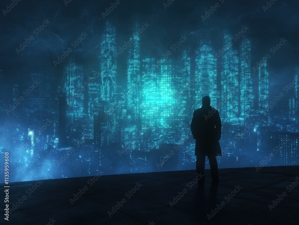 Poster a figure stands in silhouette against a futuristic cityscape illuminated by glowing digital patterns