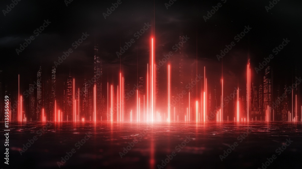 Poster a vibrant display of red light beams rising from a dark surface, creating a futuristic, dynamic atmo
