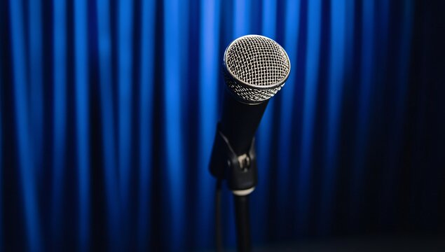 Stage Microphone on Blue Curtain Background Professional Audio Equipment