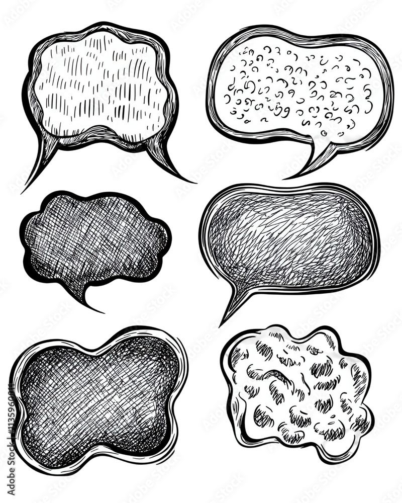 Poster hand-drawn speech bubbles collection: six unique black and white sketch style dialog boxes for commu