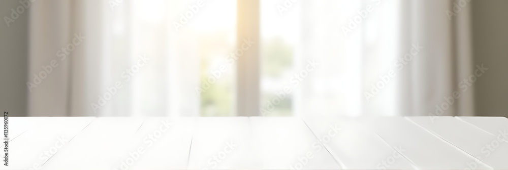 Poster a white wooden tabletop is positioned against a blurred white window with curtains in the soft light