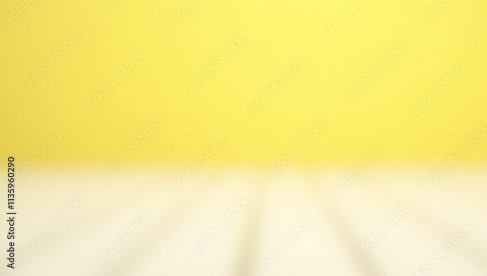 Poster a white empty wooden table top sits atop a bright yellow pastel colored background with selective fo