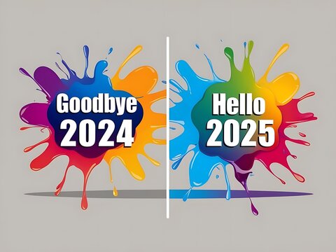 Colorful paint splatters transition from two thousand twenty four to two thousand twenty five