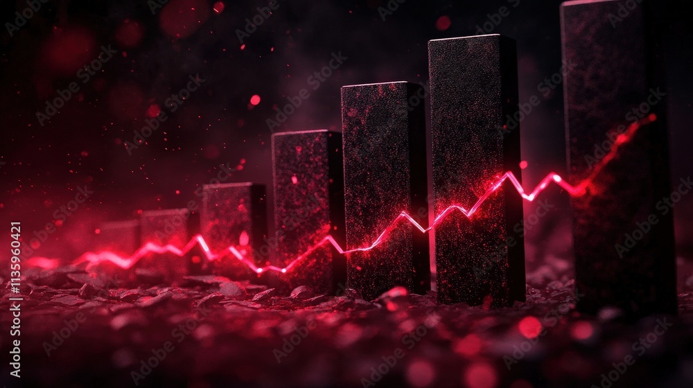 Poster a dynamic graph with dark bars and a red line, illustrating trends or data fluctuations in a visuall