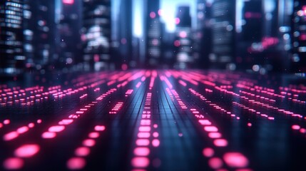 Obraz premium Futuristic city street with glowing digital lines.