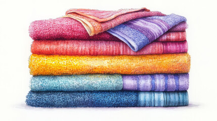 Colorful towels stacked in watercolor painting style