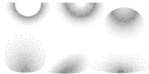 Dotwork grain noise gradient circles and abstract shapes. Pointillism gradient pattern. Radial stochastic grange texture Dotwork stipple halftone effect Dotted sphere stipple element Vector background