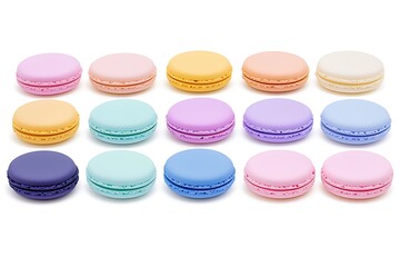 Obraz premium Pastel Macaron Collection: Delightful assortment of pastel-colored macarons arranged in a neat row, perfect for showcasing delectable treats or adding a touch of sweetness to your designs. 