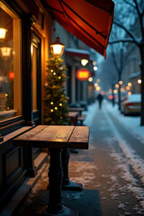 Obraz premium A weathered wooden table stood alone on a snowy street outside a quiet café at night in the city._00002_