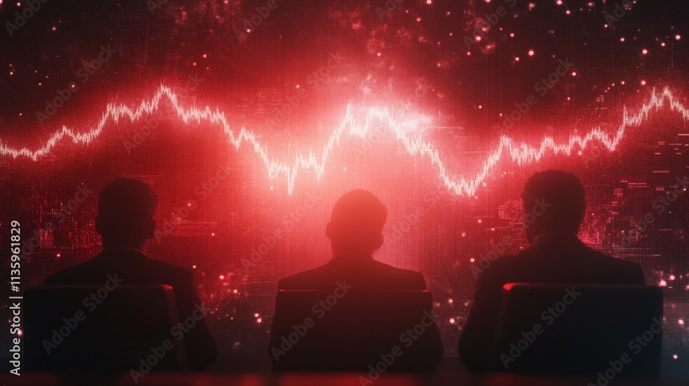 Poster three figures observe a glowing red graph against a dark background, suggesting themes of data analy
