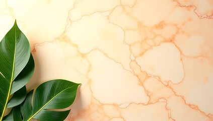 A tropical leaf pattern decorates a warm marble background evoking feelings of relaxation during the carefree days of summer._00002_