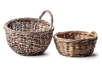 Obraz premium Rustic Charm: Two woven wicker baskets, one large with a handle, the other smaller, offer a touch of farmhouse elegance. Ideal for showcasing artisan crafts, home decor, or rustic-themed products.