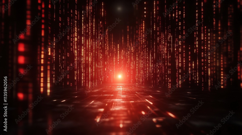 Poster a futuristic scene depicting a pathway illuminated by red lights, creating a digital, matrix-like at