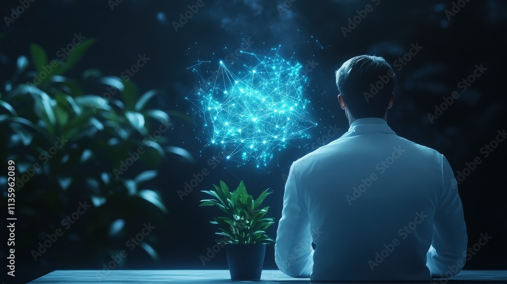 Poster a person in a lab coat observes a digital projection floating above a table, surrounded by plants in