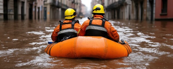 Two rescuers in orange gear navigate a flooded street in a boat, highlighting the impact of severe weather and the importance of emergency response.