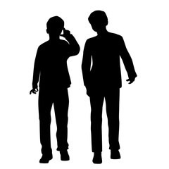 Vector silhouettes of  two boys, couple of walking children, front view, profile, black isolated on white background