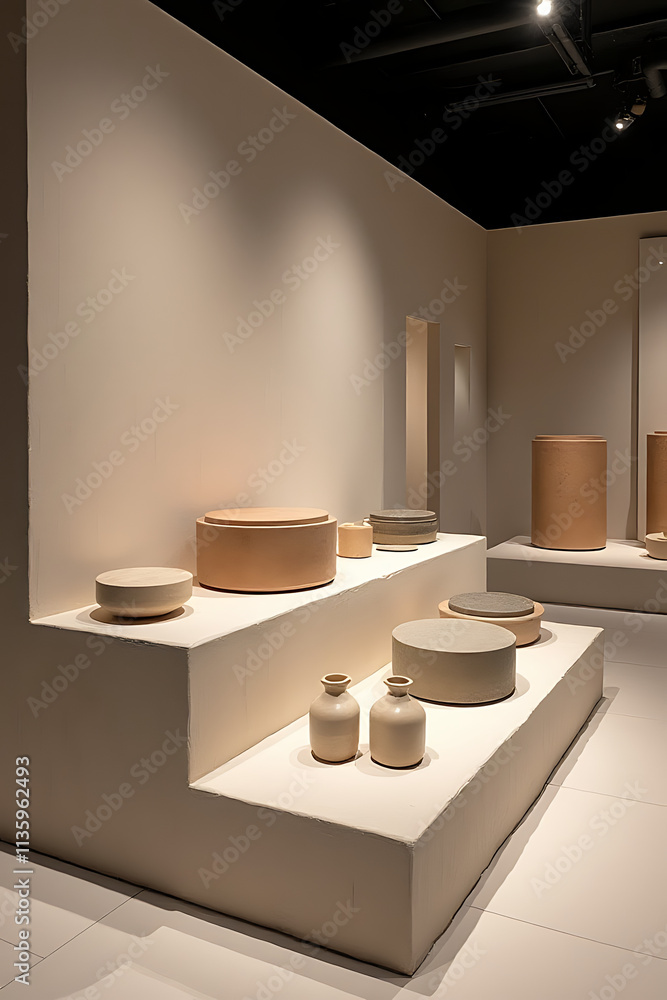 Poster a sleek, modern display platform showcasing top sandstone products in a minimalist design emphasizin