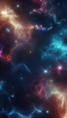 Naklejka premium Vibrant cosmic nebula filled with vivid colors, showcasing swirling clouds of gas and countless shining stars against a dark backdrop.