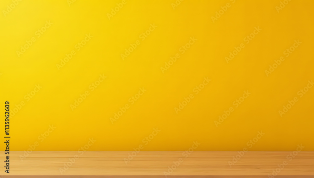 Poster A simple wooden table sits empty against a dark yellow wall, ideal for displaying products and creating a design key visual._00001_