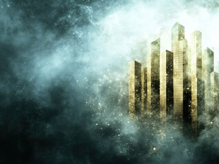 Obraz premium A mysterious city skyline emerges through fog, highlighting tall, illuminated buildings against a dark, atmospheric background.