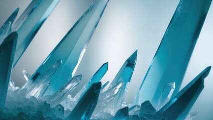 Obraz premium Sharp turquoise quartz crystals protruding from a white mineral base, creating a striking visual contrast against a soft gradient background.