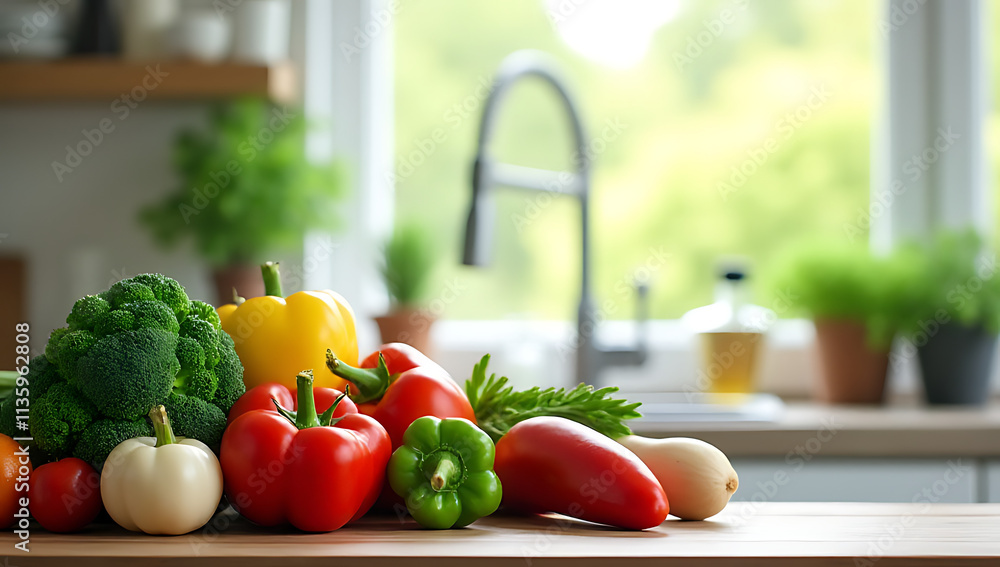 Poster A set of various vegetables occupies a portion of a kitchen counter near a window with plenty of copy space._00001_