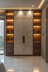 Modern minimalist walnut wood and beige veneer wardrobe with built-in display shelves and LED lighting.