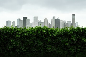 A city skyline looms behind a lush green hedge, blending urban and natural elements under a cloudy sky.